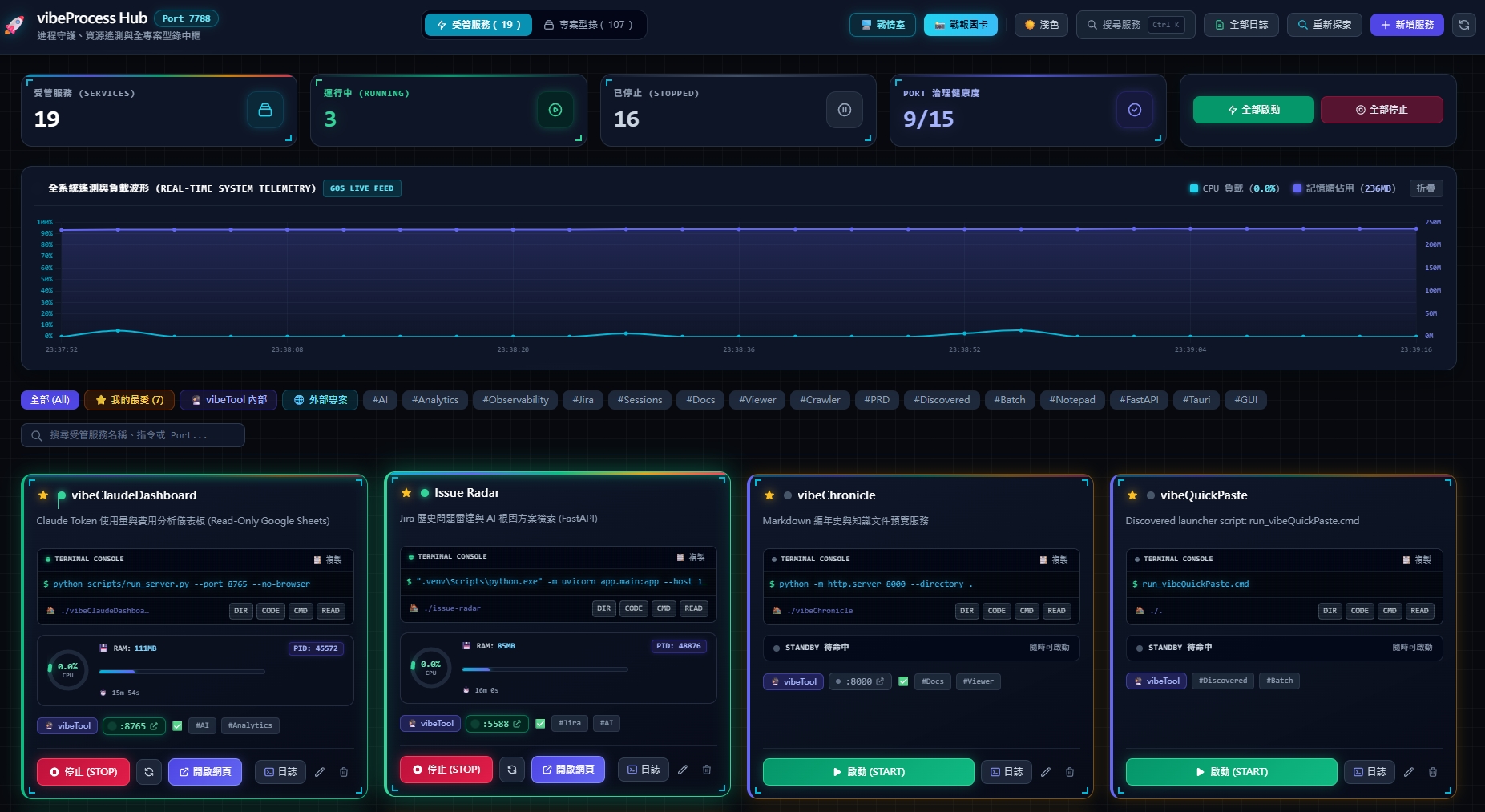 vibeProcess Hub 本機專案型錄與自動探索實機畫面
